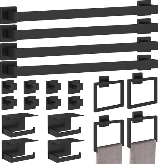 20-Pieces Matte Black Bathroom Hardware Set, 24 Inch Bath Towel Bar Set, Stainless Steel Towel Racks for Bathroom Wall Mounted