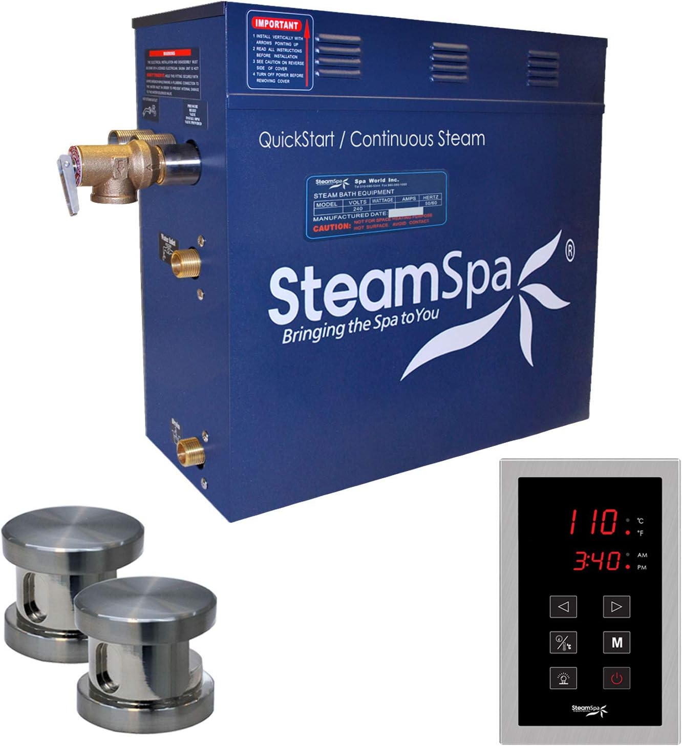 STEAMSPA 12kW Steam Sauna Generator Sentry Series 240V Steam Generator with Touch Screen, Steamhead, Built-in Steam Shower Auto Drain, ACU Quickstart Steam Bath Generator (Chrome)