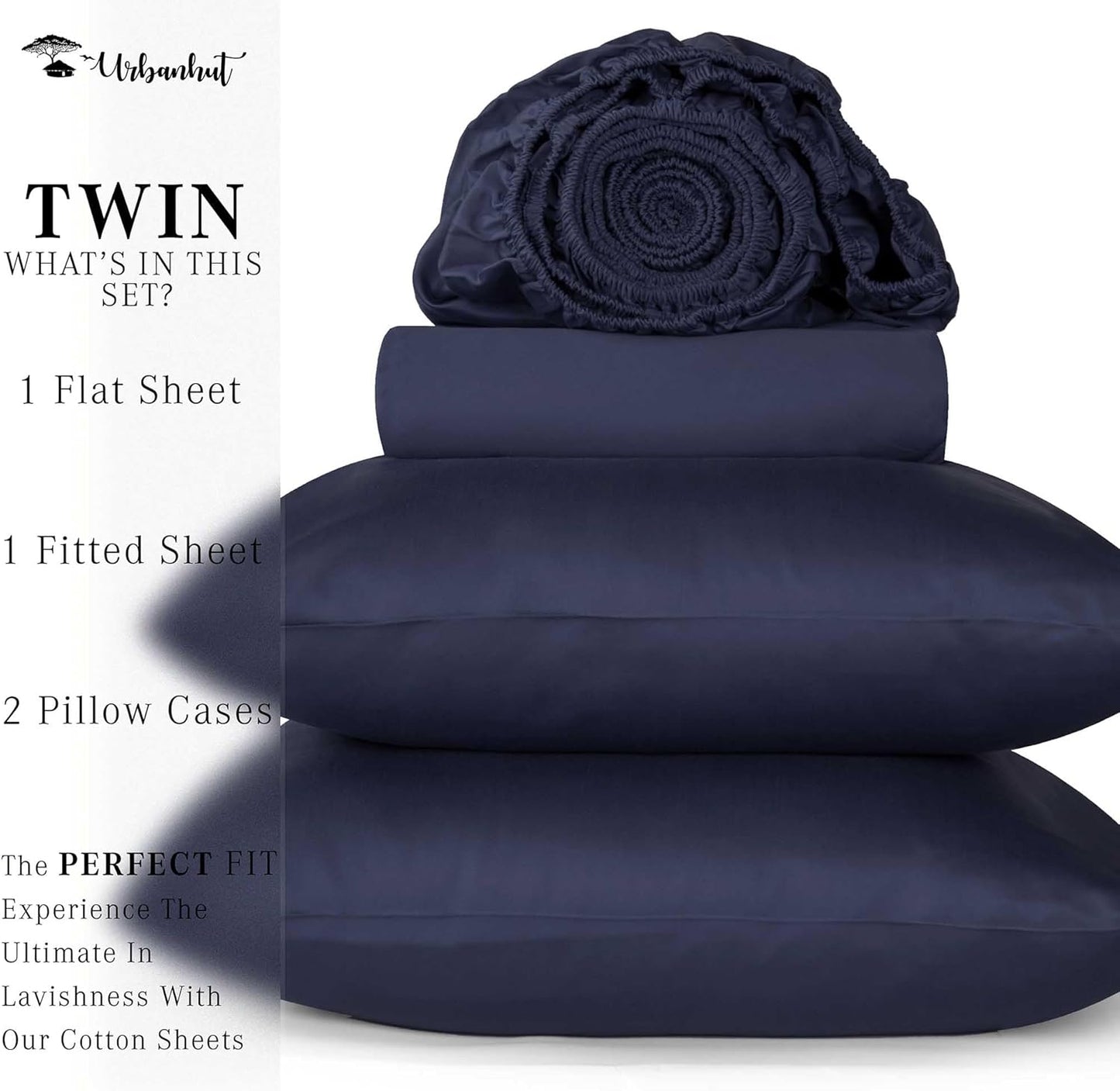 URBANHUT 700 Thread Count Twin Size Egyptian Cotton Sheets, 4Pc Sheet Set Soft Luxury Bed Sheets for Twin Size Bed, Sateen Weave Hotel Sheets, 14'' Elasticized Deep Pocket - Navy Blue