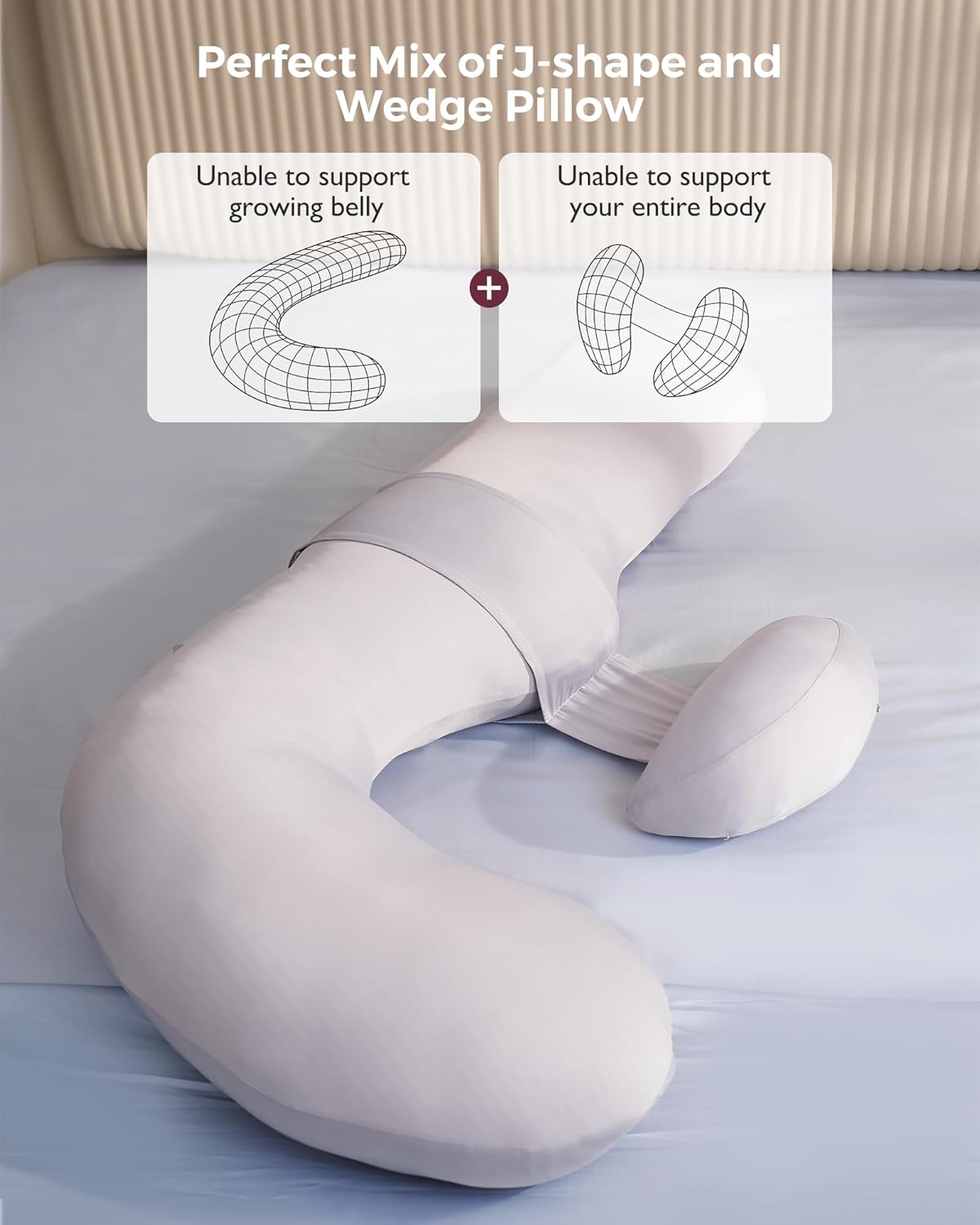 Momcozy Cooling Pregnancy Pillow,Original F Shaped Maternity Pillow for Pregnant Women with Adjustable Wedge Pillow, Full Body Support Pregnancy Pillows for Side Sleeping with Velvet Cover, Light Grey