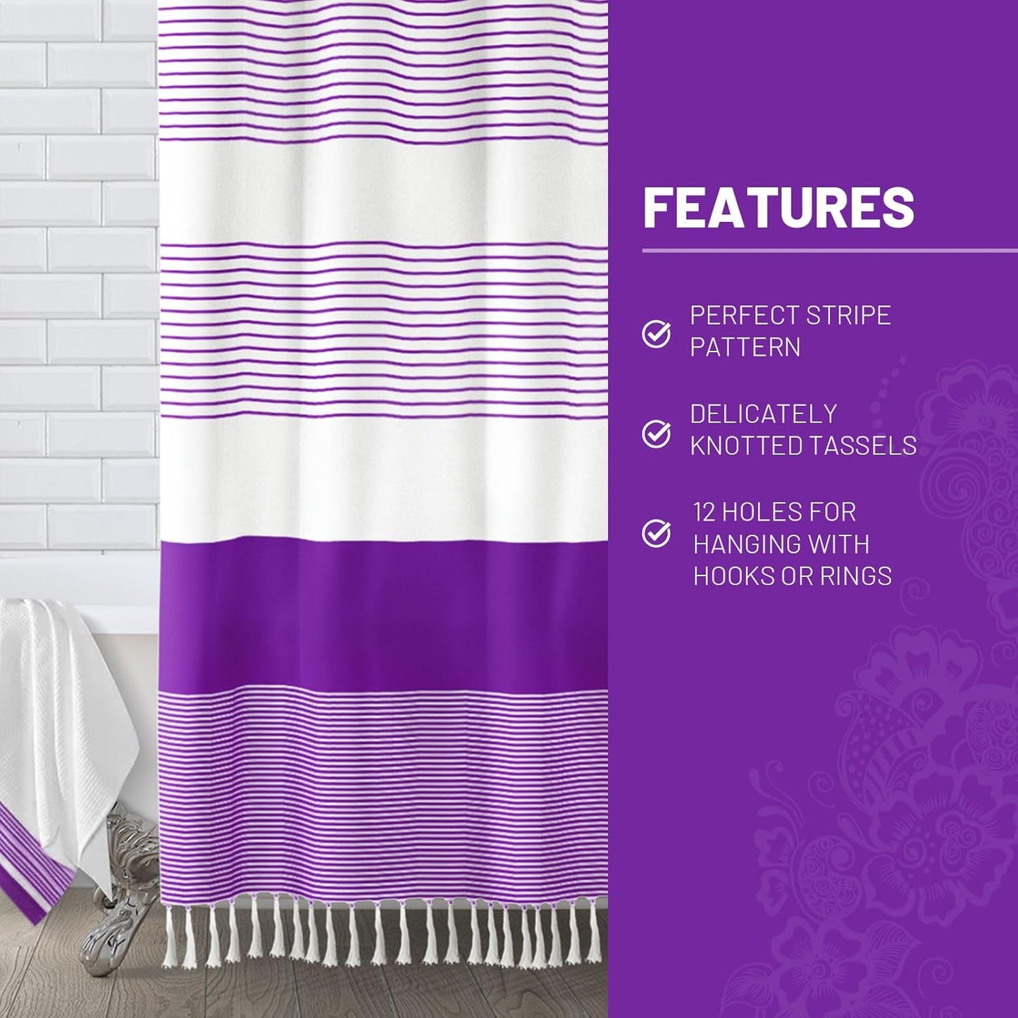Awellife Boho Purple Shower Curtain for Bathroom Stripe Tassel Shower Curtain 72 X 72 Inches Farmhouse Cotton