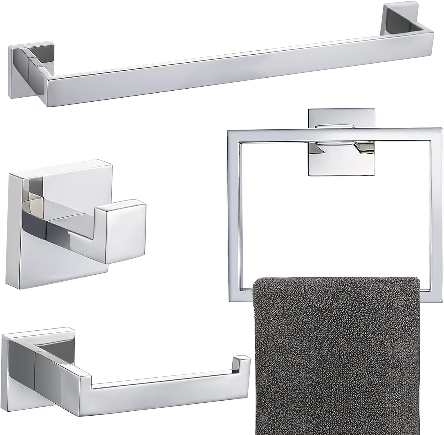 4-Piece Bathroom Hardware Set Chrome Bath Towel Bar Holder Sets Wall Mounted Stainless Steel Bathroom Accessory Kit, Polished Chrome 23.6 Inch