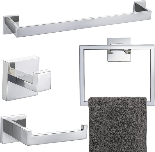 4-Piece Bathroom Hardware Set Chrome Bath Towel Bar Holder Sets Wall Mounted Stainless Steel Bathroom Accessory Kit, Polished Chrome 23.6 Inch