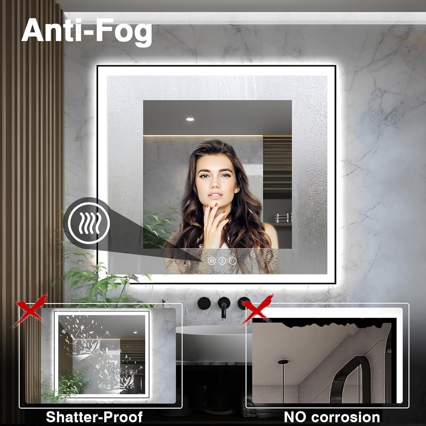 36x36 Square LED Bathroom Mirror - Black Aluminum Framed (Front and Backlit), Anti-Fog Vanity Mirror with Lights, Stepless Dimmable Lighted Mirror,3 Colors Smart Mirror(Horizontal/Vertical)