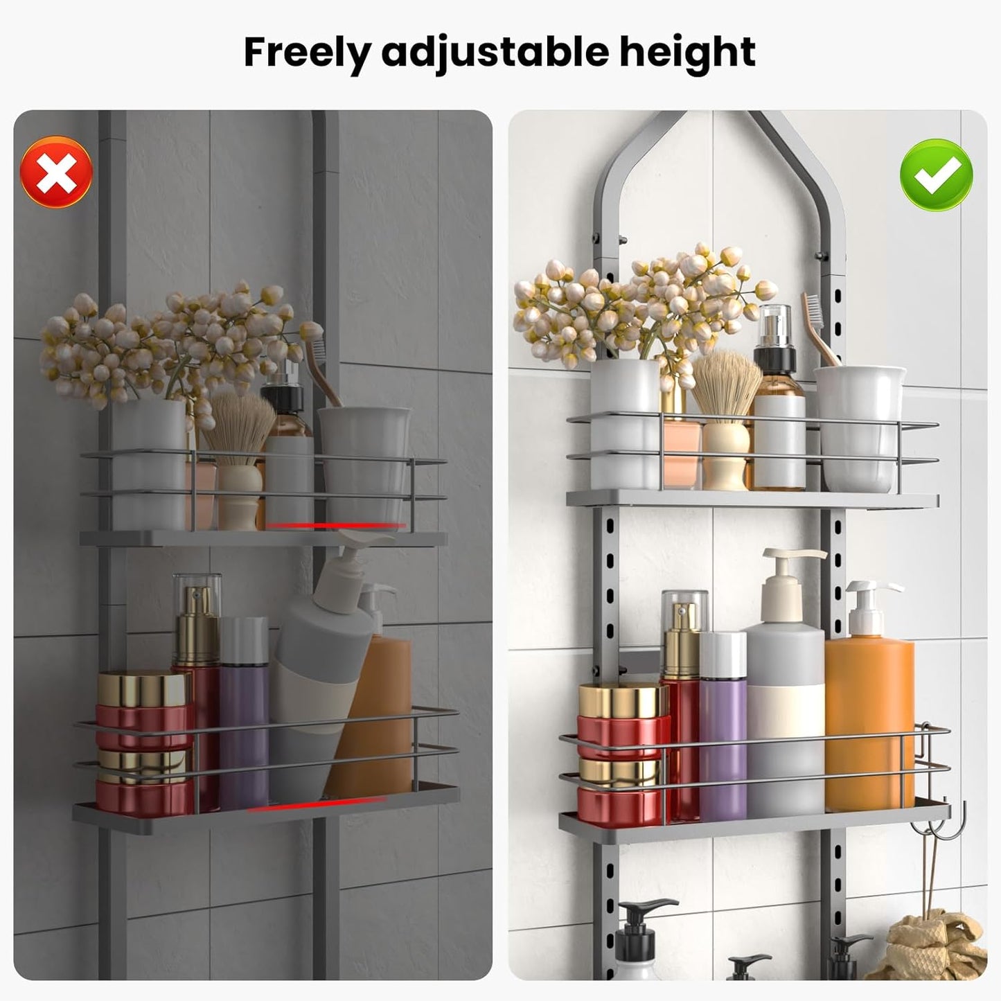 Shower Caddy Hanging (Silver), Adjustable Anti-Swing-Over The Shower Head Caddy, 3 Tier Height Bathroom Storage Organizer, Bathroom Shelves Basket Rack, Shower Caddies Rack with Adjustable Soap Basket