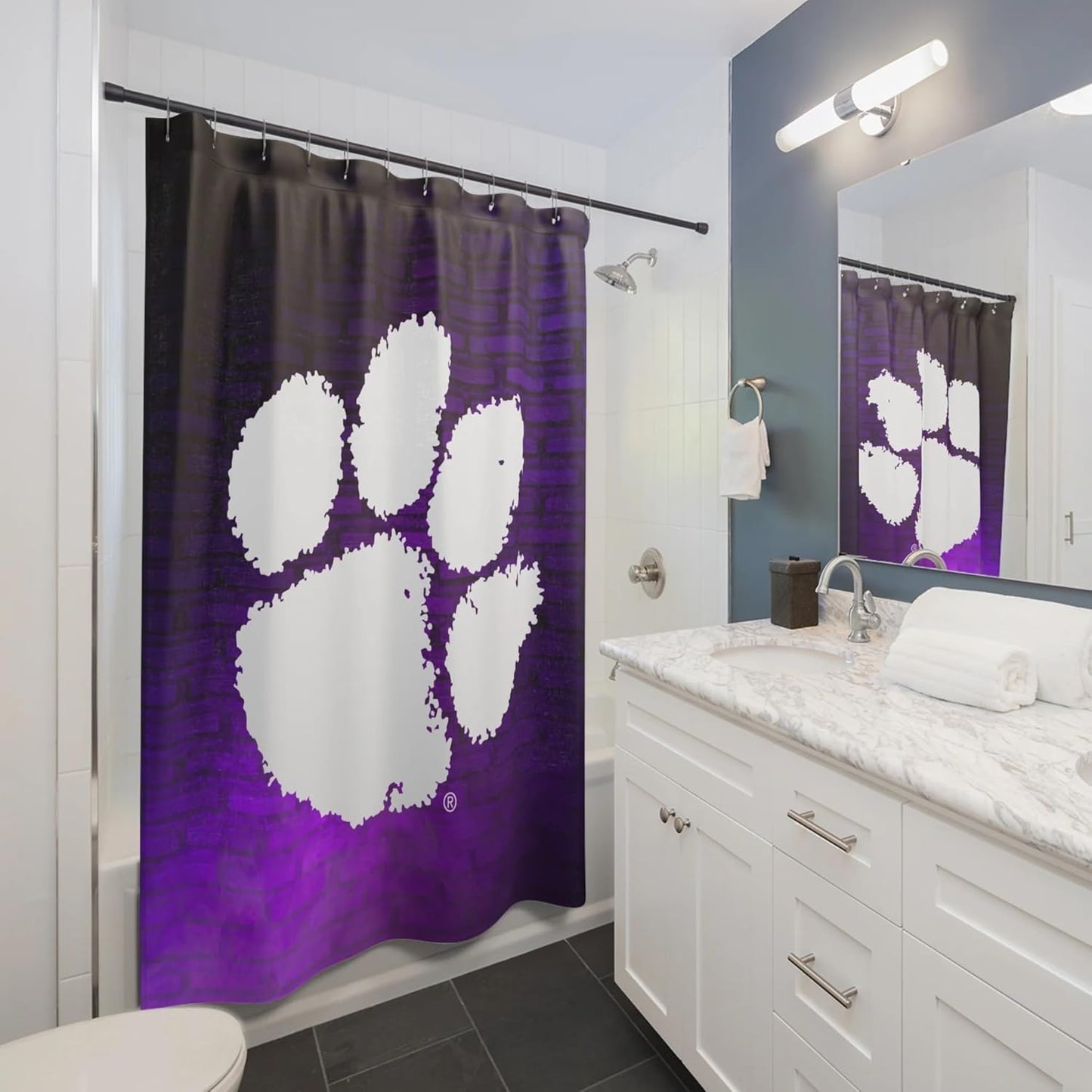 Clemson Tiger Shower Curtain – Transform Your Bathroom into a Vibrant, Durable, Water-Resistant, Machine Washable, and Easy-Care 71x74 Fan Zone Decor! (Black/Purple)
