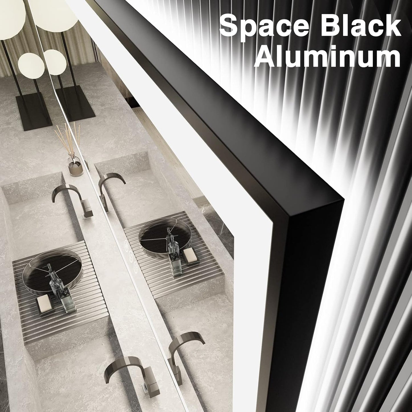 Large LED Bathroom Mirror - Black Aluminum Framed, Anti-Fog, Stepless Dimmable, 3 Colors Smart Mirror (Horizontal/Vertical)