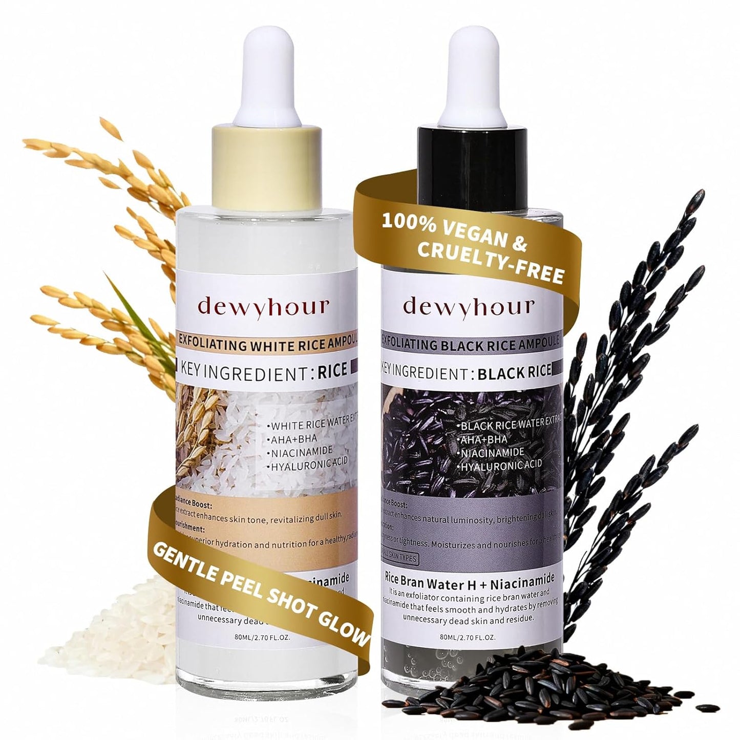 dewyhour Exfoliating Black & White Rice Ampoule Duo Set - Gently Removes Dead Skin Cells, Refines Pores, Soft Face & Body Scrub for All Skin Types, 2-Pack