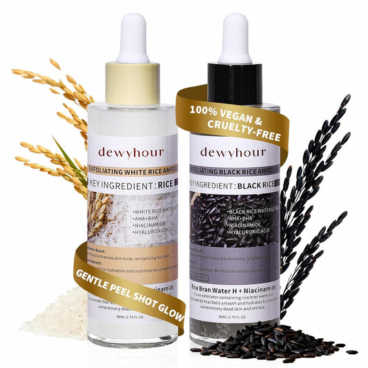dewyhour Exfoliating Black & White Rice Ampoule Duo Set - Gently Removes Dead Skin Cells, Refines Pores, Soft Face & Body Scrub for All Skin Types, 2-Pack