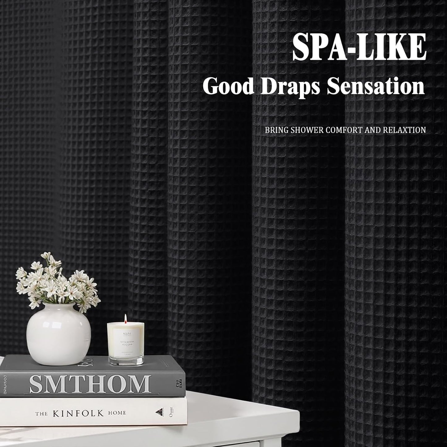Stall Waffle Shower Curtain - Black Cotton Fabric Texture Heavyweight Shower Curtain for Narrow Bathroom,Washable,36Wx72L