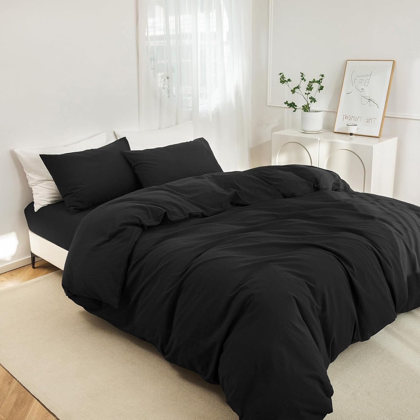 JIYUAN 100% Washed Cotton Duvet Cover Set 3 Pieces Super King, 1 Duvet Cover 108x98 Inches(Comforter Not Included) and 2 Pillowcases,Linen Feel Bedding Set Comfy and Breathable,Black