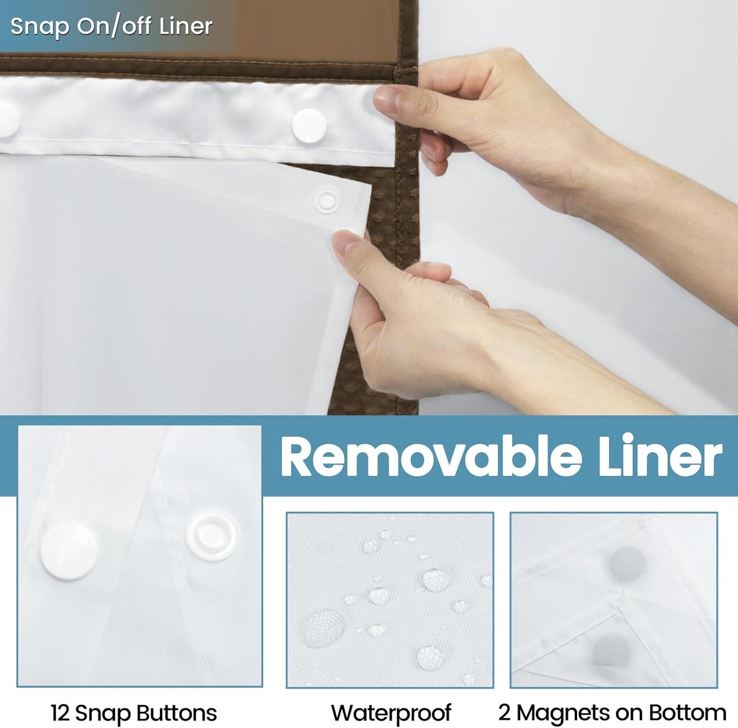 Brown No Hook Shower Curtain with Snap in Liner,230GSM Waffle Weave Shower Curtains for Bathroom,71W x 74H