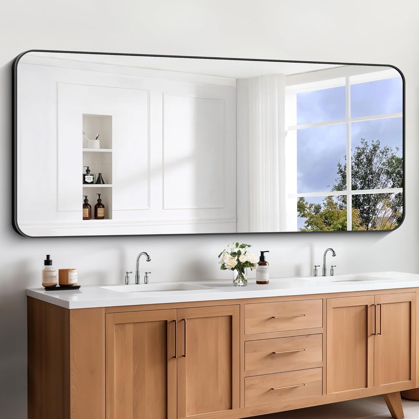Large Bathroom Mirror, 72 x 30 inch Black Rectangle Mirror, Metal Frame Rectangular Vanity Mirror, Wall Mounted Mirror with Rounded Corner for Bedroom Living Room Hangs Horizontal Or Vertical