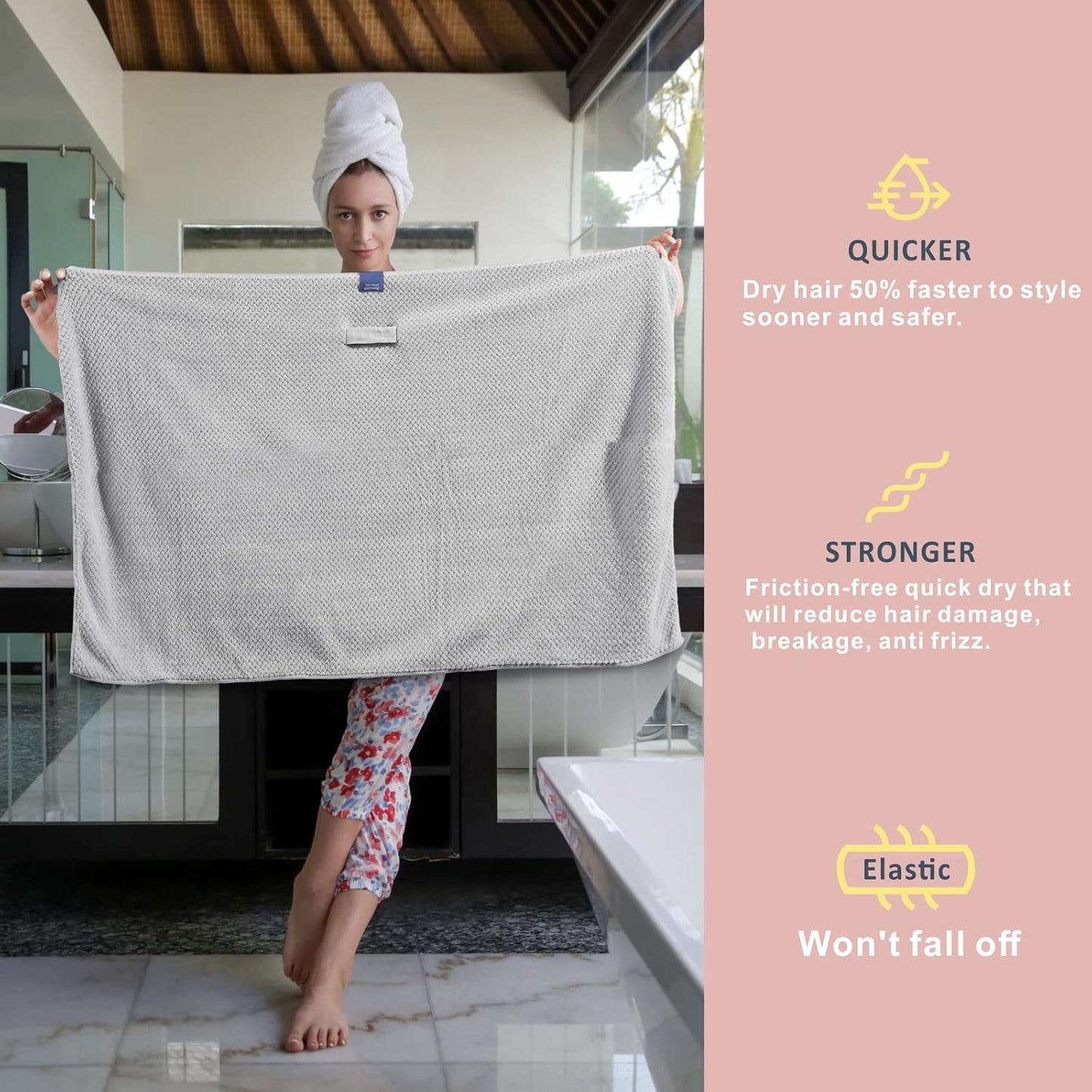 2 Pack Large Microfiber Hair Towel Wrap for Women, Anti Frizz Hair Drying Towels, Fast Dry Hair Turban - for Wet, Long, Thick, Curly Hair - Super Absorbent Soft Towels - Gray & Pink