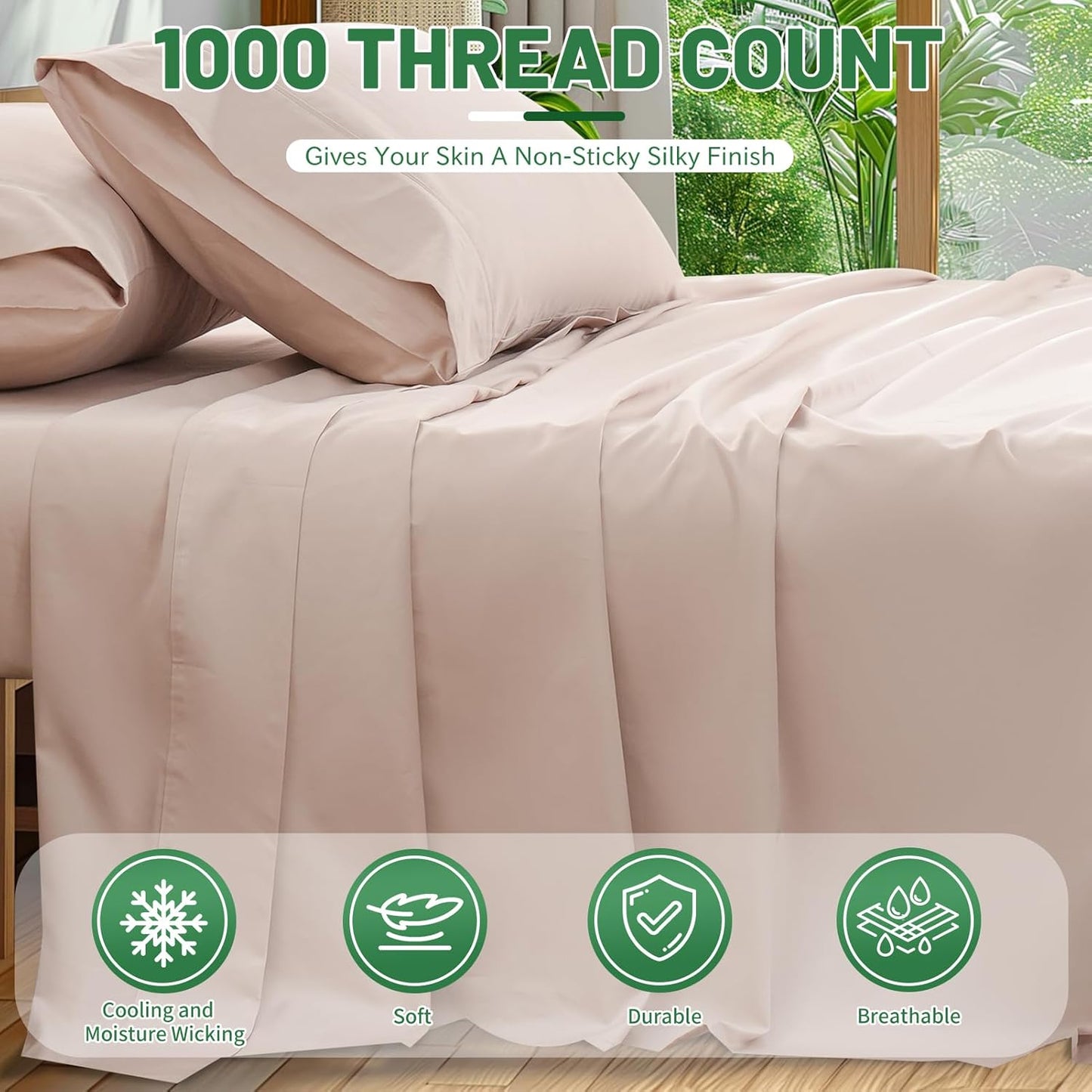 1000 Thread Count Egyptian Cotton Sheets Queen Size Set Sateen Weave Soft Breathable 16-Inch Deep Pocket 4PCS（Queen,Dusty Pink）