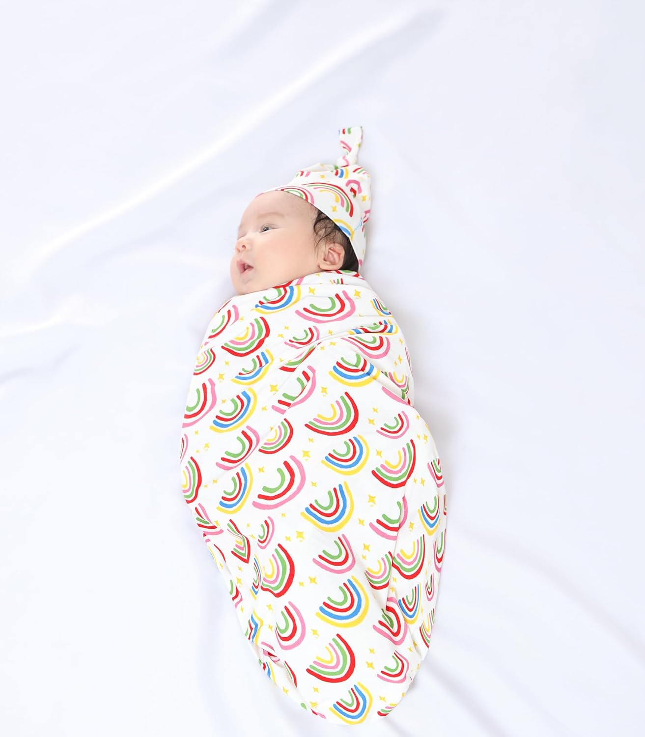 Newborn Swaddle Blanket with Hat Set,Unisex Baby Receiving Blanket Nursery Wrap for Girls and Boys, Viscose Made from Bamboo Rainbow One Size
