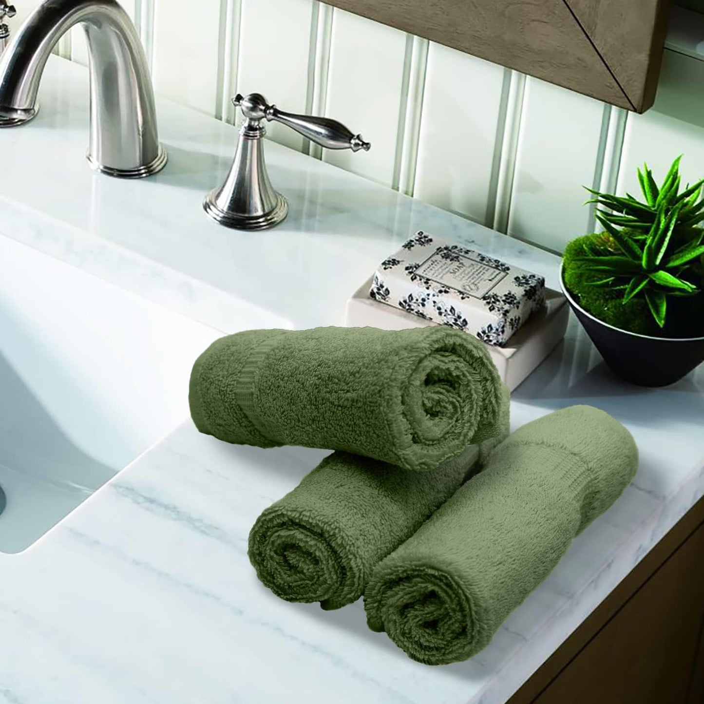Luxury Hotel & Spa Collection, 100% Turkish Cotton 700 GSM Cloth, for Body wash, Makeup Remover & Facial Cleaning, Baby, face, Dobby Border Soft washcloths Towel Set 13" X 13", Moss, Set of 6