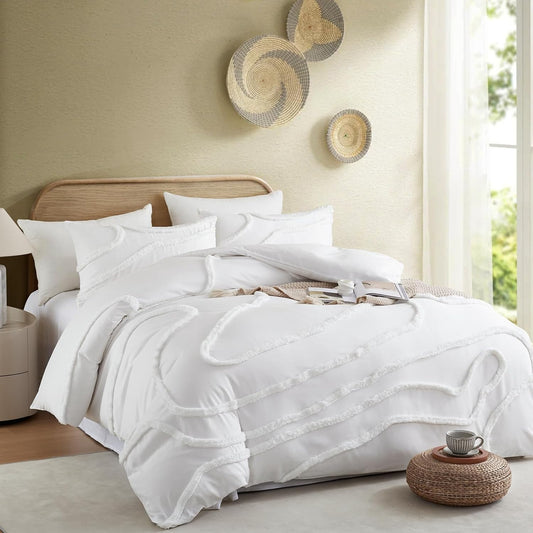 Cupocupa King Size Comforter Set;Beige Comforter Boho Tufted Lightweight Bedding Sets 3PCS Comforter Soft Jacquard Comforter with 2 Pillow Cases for All Season