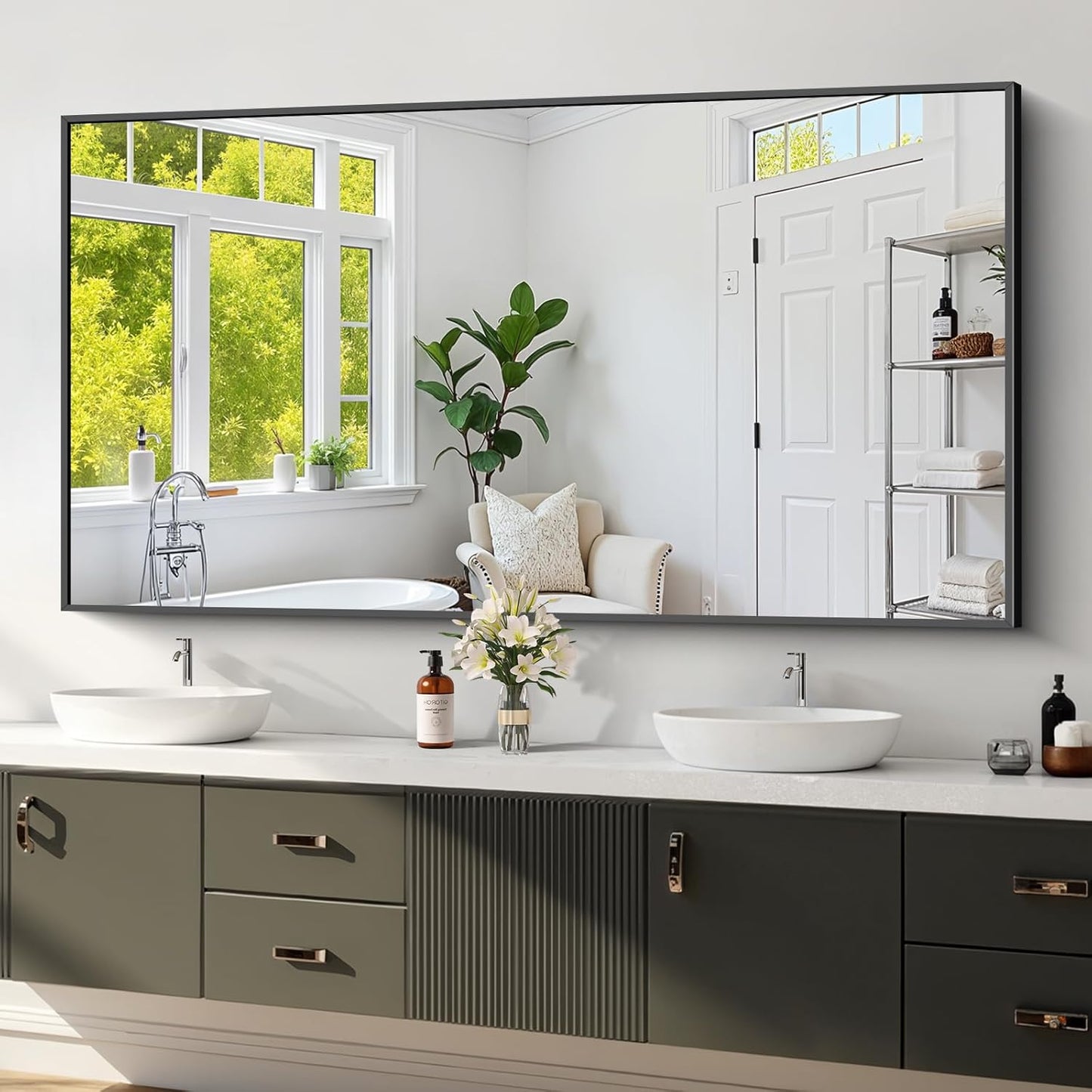 Koonmi Black Framed Bathroom Mirror - Shatterproof 30"x60" Tempered Glass, HD No Distortion, Horizontal/Vertical Mount, Modern Matte Aluminum Alloy Frame