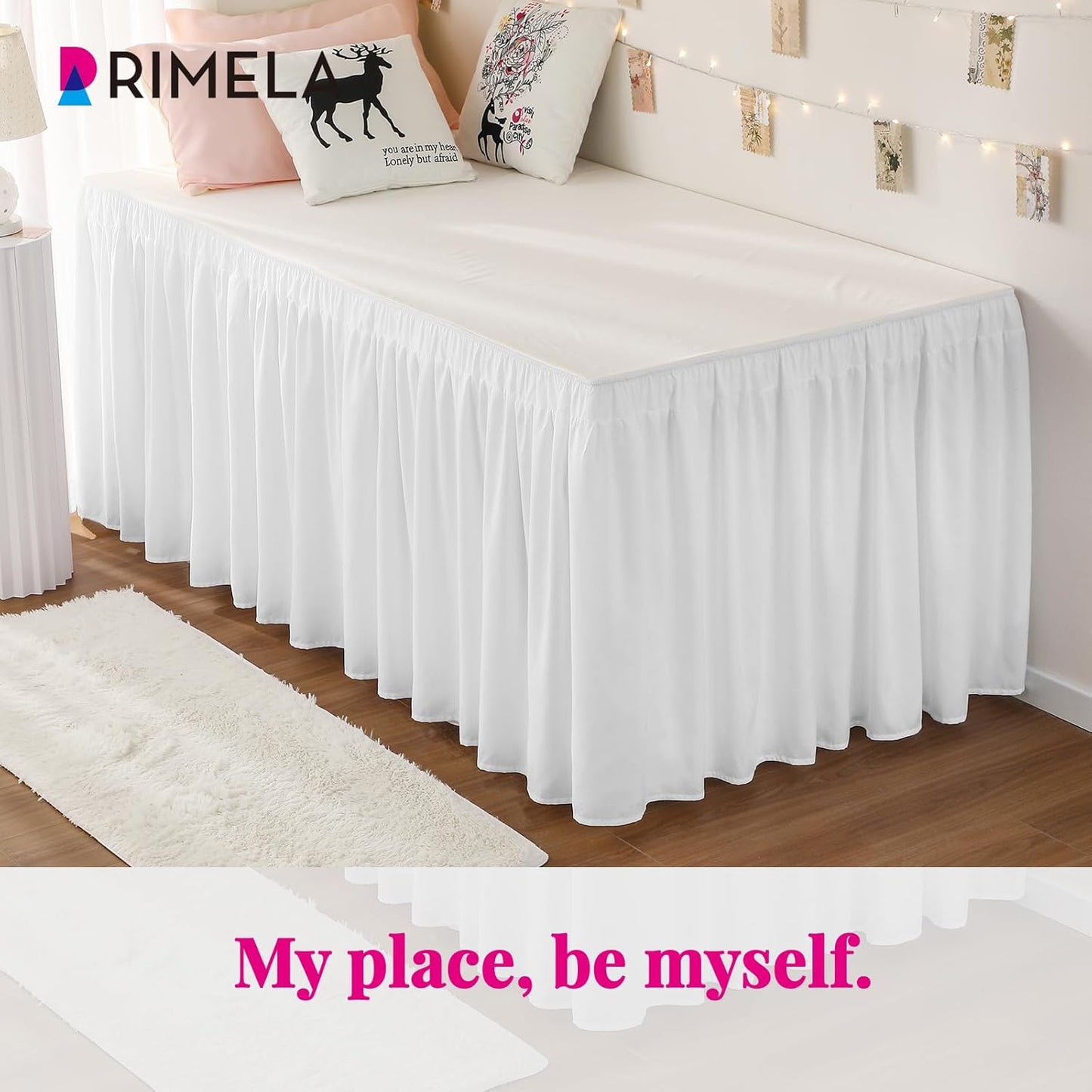 RIMELA Dorm Bed Skirt Twin XL 32 Inch Drop, Easy to Install Extra Long Wrap Around Elastic Dust Ruffle, White Bedskirt Solid Silky Fabric Machine Washable (Twin XL 80“L x 39”W & Twin 75“L x 39”W)