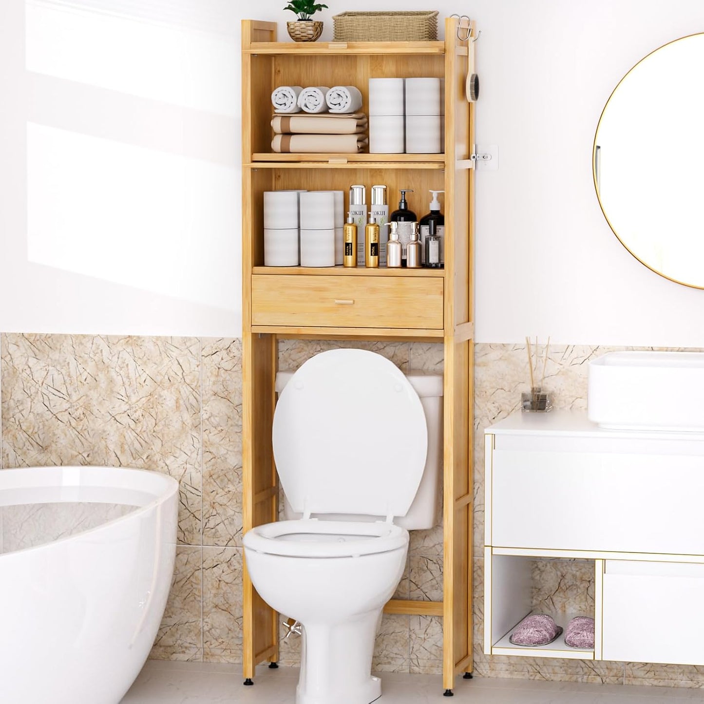 Over The Toilet Storage Shelf with Drawer, Above Bamboo Bathroom Organizer Cabinet with Anti-Tip and Waterproof Feet Pad Design, Freestanding Shelf for Bathroom (Bamboo)