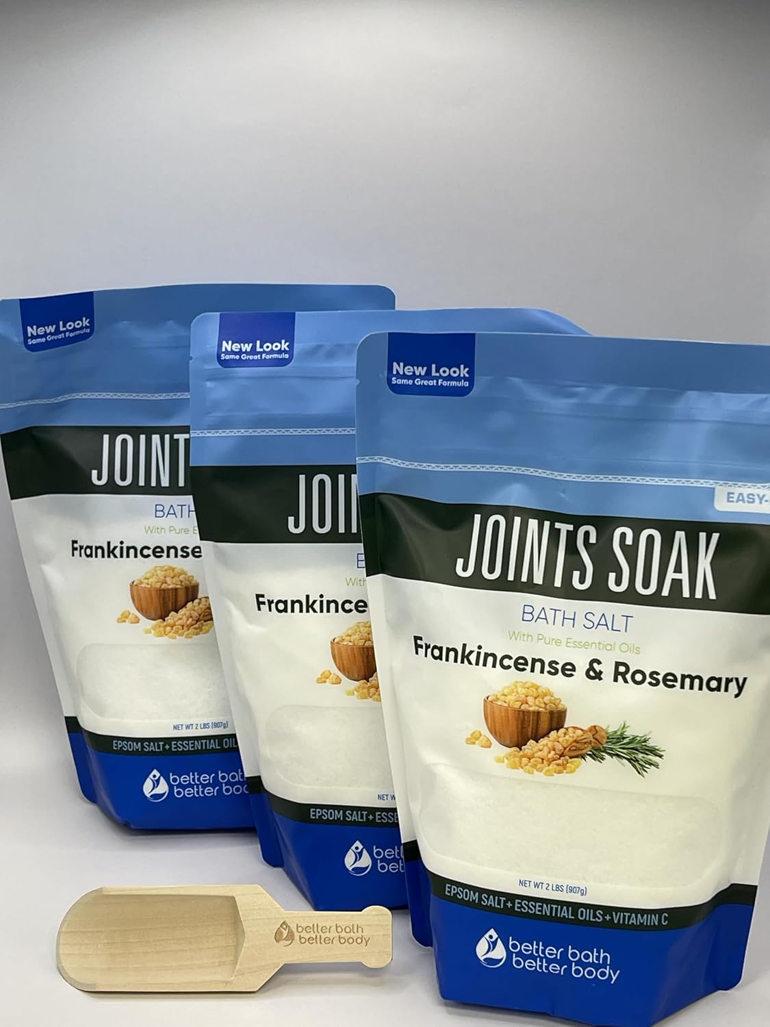 Joints Bath Soak (3 Pack with Scoop) Soothing Epsom Salt with Rosemary and Frankincense Essential Oils Plus Vitamin Crystals in BPA Free Pouch Three 2 lbs Pouches 6 Lbs Total