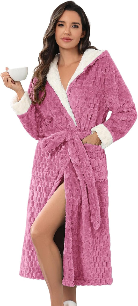 Ekouaer Womens Plush Robes Long Soft Jacquard Fluffy Bathrobe Hooded Robe Sleepwear with Pockets