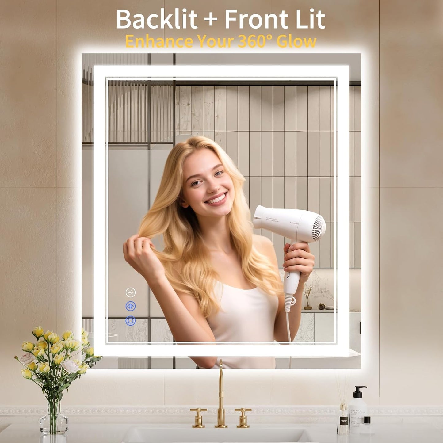 32"x36" LED Bathroom Mirror with Lights, Anti-Fog, Backlit + Front Lit, Dimmable, Led Vanity Mirror for Wall, Lighted Bathroom Mirror, 3 Colors, Shatter-Proof Tempered Glass