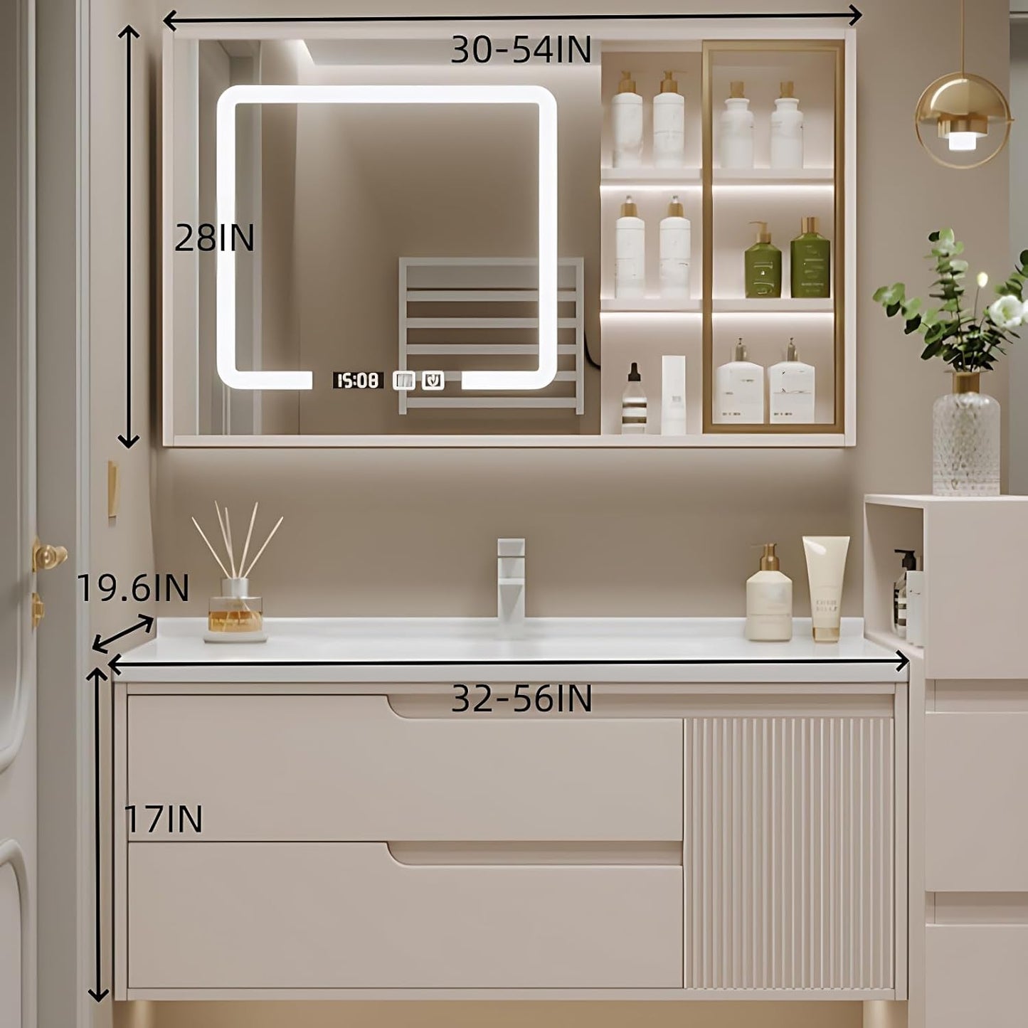 Cream Grey Sophisticated Bathroom Cabinets - Bathroom Vanity with Smart Storage & Mirror Cabinet, Defogging, LED Light | Wall-Mounted Bathroom Storage Cabinet