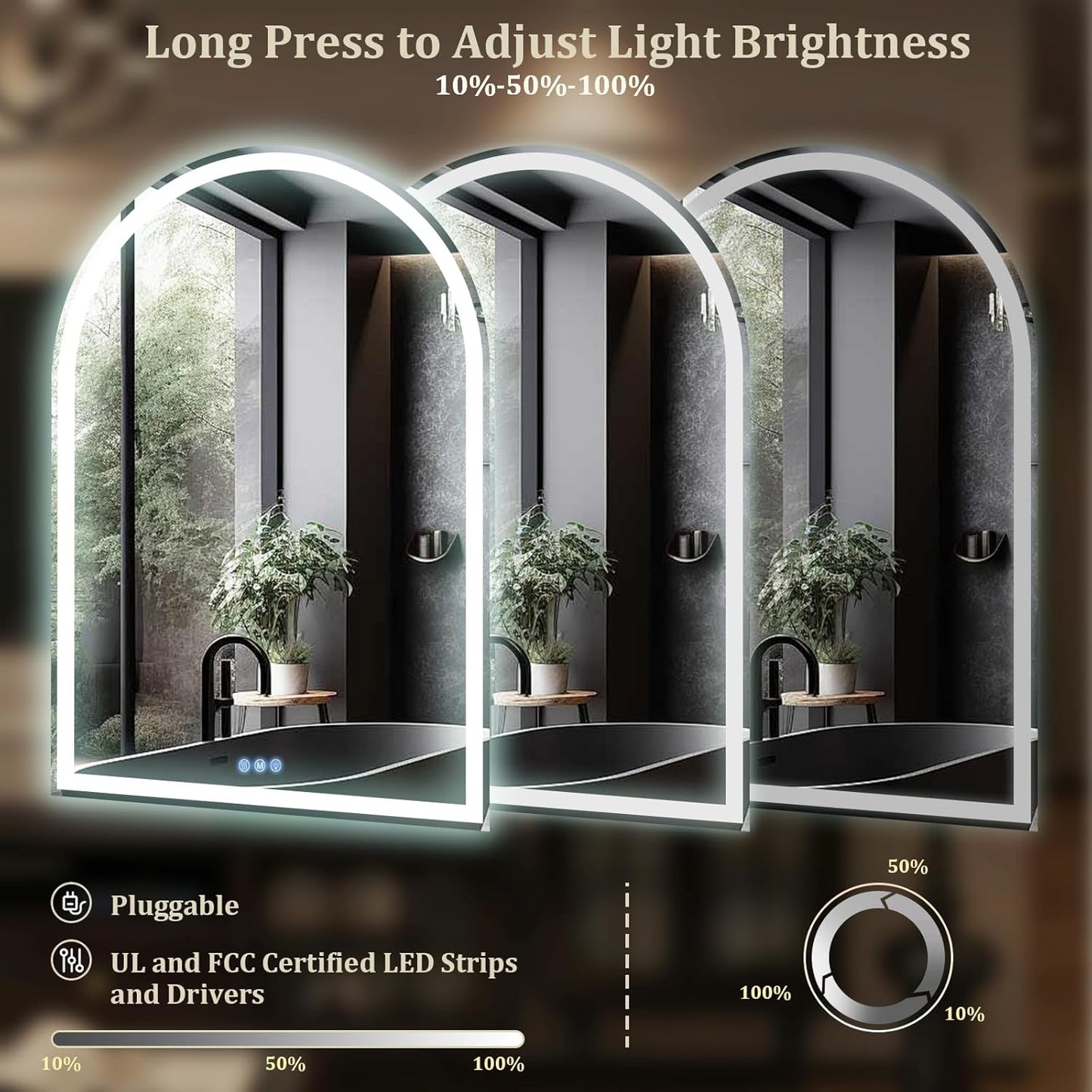 BEAUTYPEAK LED Arch Bathroom Mirrors with Lights, 48x30 Arch Mirror with Metal Frame, Anti-Fog,LED Mirror with Front Light and Backlit, Memory Function for Bathroom, Dressing Room
