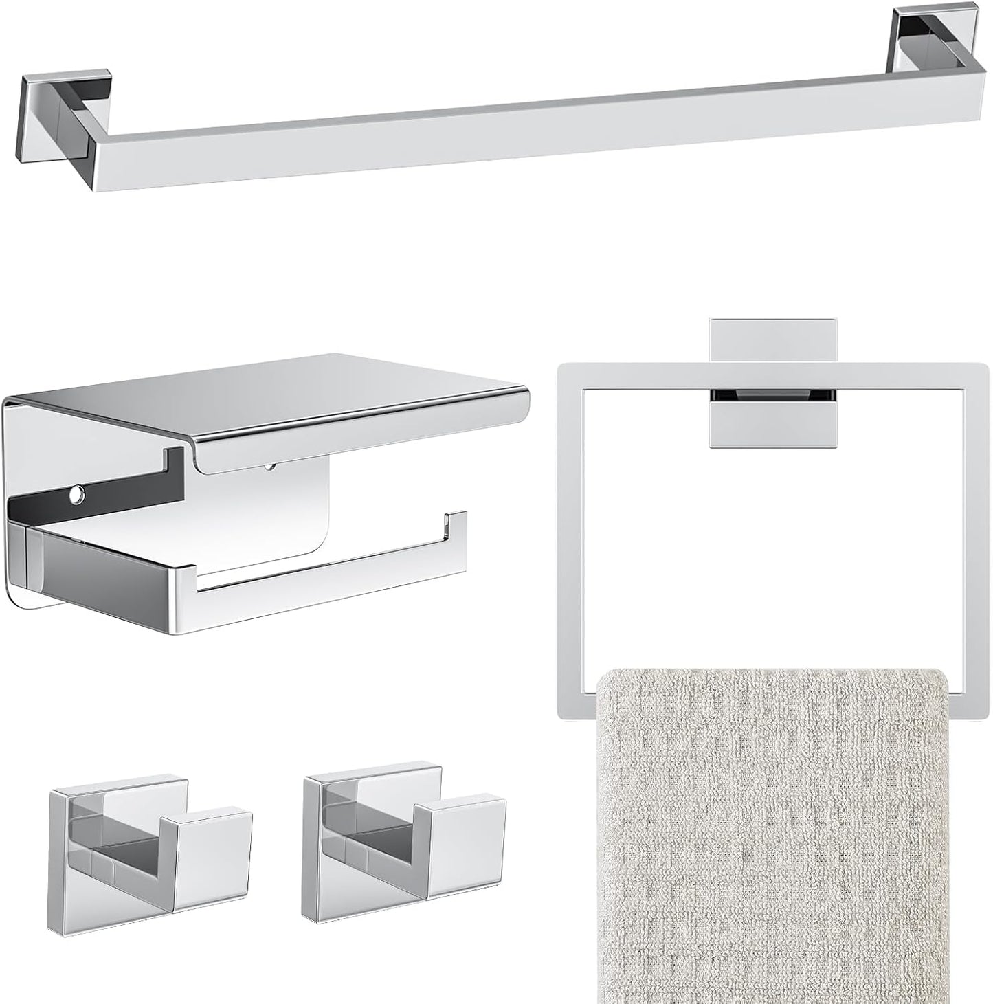 5-Pieces Polished Chrome Bathroom Hardware Accessories Set,16 Inch Towel Bar Set,Stainless Steel Towel Holder Set for Bathroom,Wall Mounted Chrome Bathroom Hardwar Set