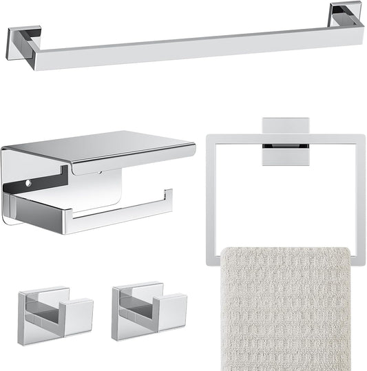 5-Pieces Polished Chrome Bathroom Hardware Accessories Set,16 Inch Towel Bar Set,Stainless Steel Towel Holder Set for Bathroom,Wall Mounted Chrome Bathroom Hardwar Set