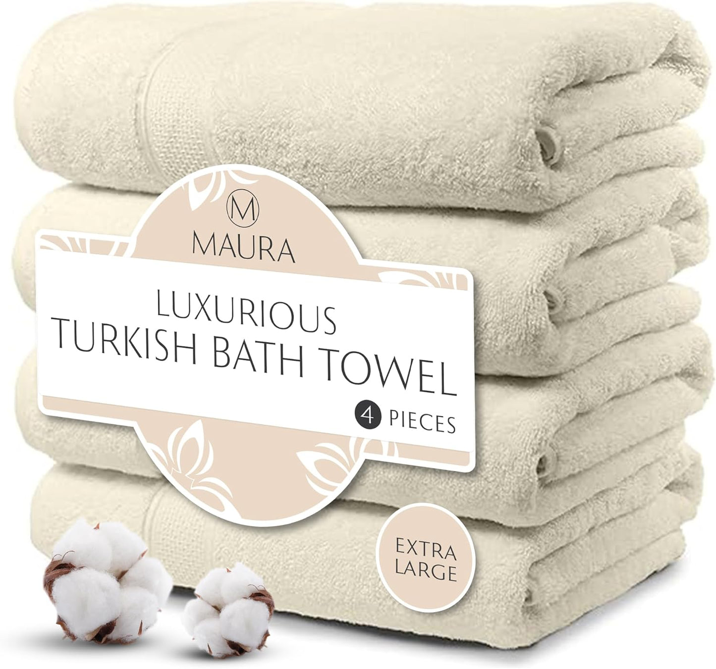 MAURA Ivory Extra Large Turkish Cotton Luxury Bath Towels Set of 4. Ultra-Soft, Thick & Plush Towels for Bathroom - Cream