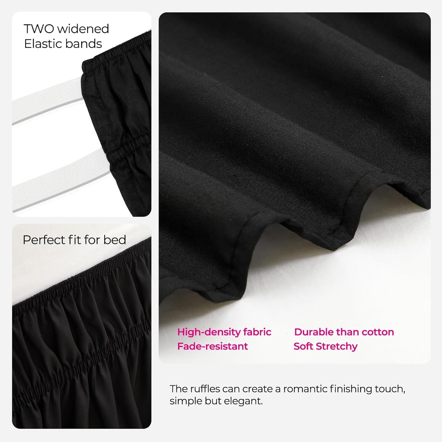 RIMELA Black Bed Skirt Twin 32 Inch Drop Silky Luxurious Fabric, Wrinkle and Fade Resistant with Adjustable Elastic Belt Easy to Install Machine Washable Dust Ruffles Bedskirt for Matress Box Spring
