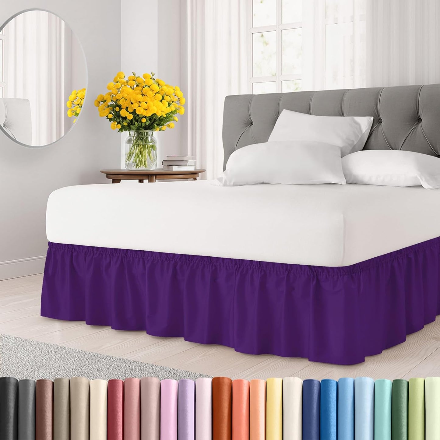 Wrap Around Dust Ruffle Bed Skirt - Purple - for King Size Beds with 15 Inch Drop - Easy Fit Elastic Strap - Adjustable Pleated Bedskirt w/Brushed Fabric - Wrinkle Free - for Women, Men, Kids & Teens
