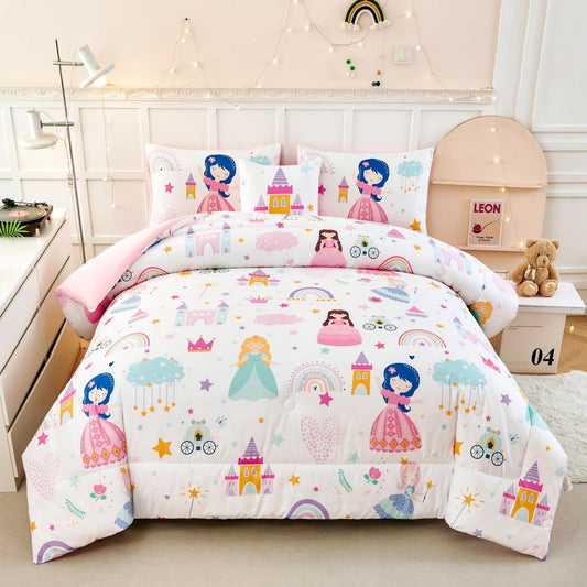 ANGIYUIN Princess Fairy Tales Bedding Set Queen Cartoon Rainbow Love Kids Bed in A Bag with Sheets Cute and Soft Bedding Comforter Set for All Season(Princess, Rainbow, Castel, White)