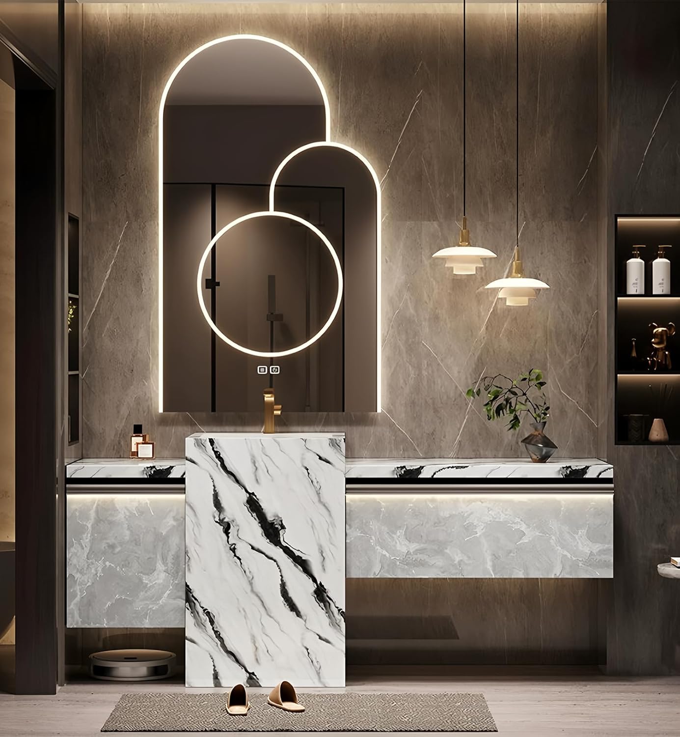 Single Sink Freestanding Bath Vanity, Modern Bath Vanity with LED Smart Mirror, 56IN Solid Wood Floating Bathroom Sink Cabinet with Marble Slate Top and Large Storage Drawer