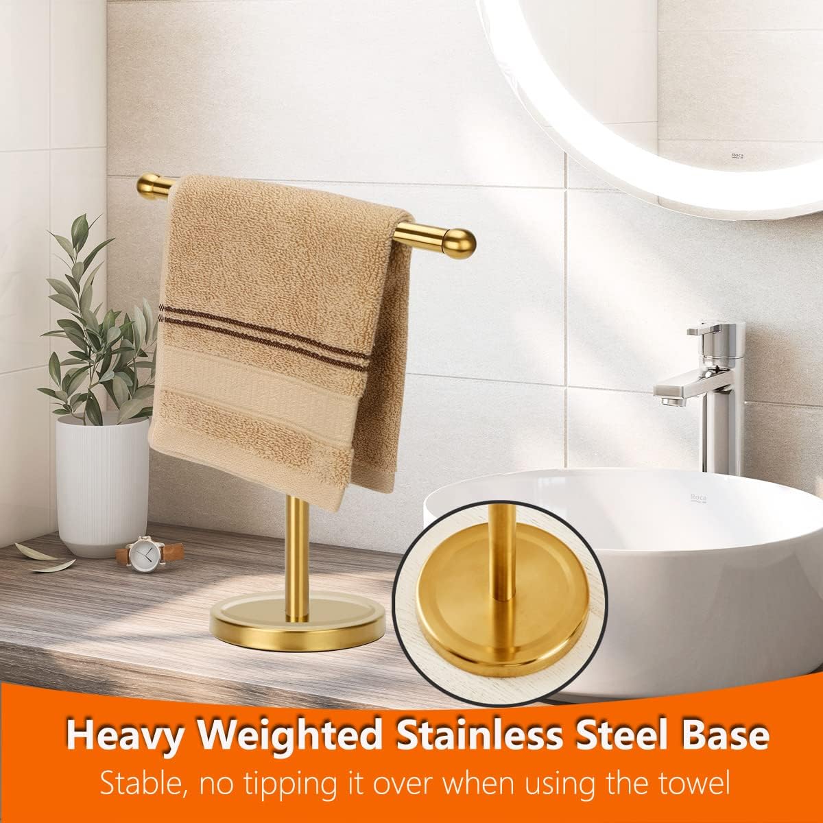Gold Hand Towel Holder Stand with Heavy Stainless Steel Base, T-Shape Towel Rack, Free-Standing Towel Holder Countertop for Bathroom (Brushed Gold)