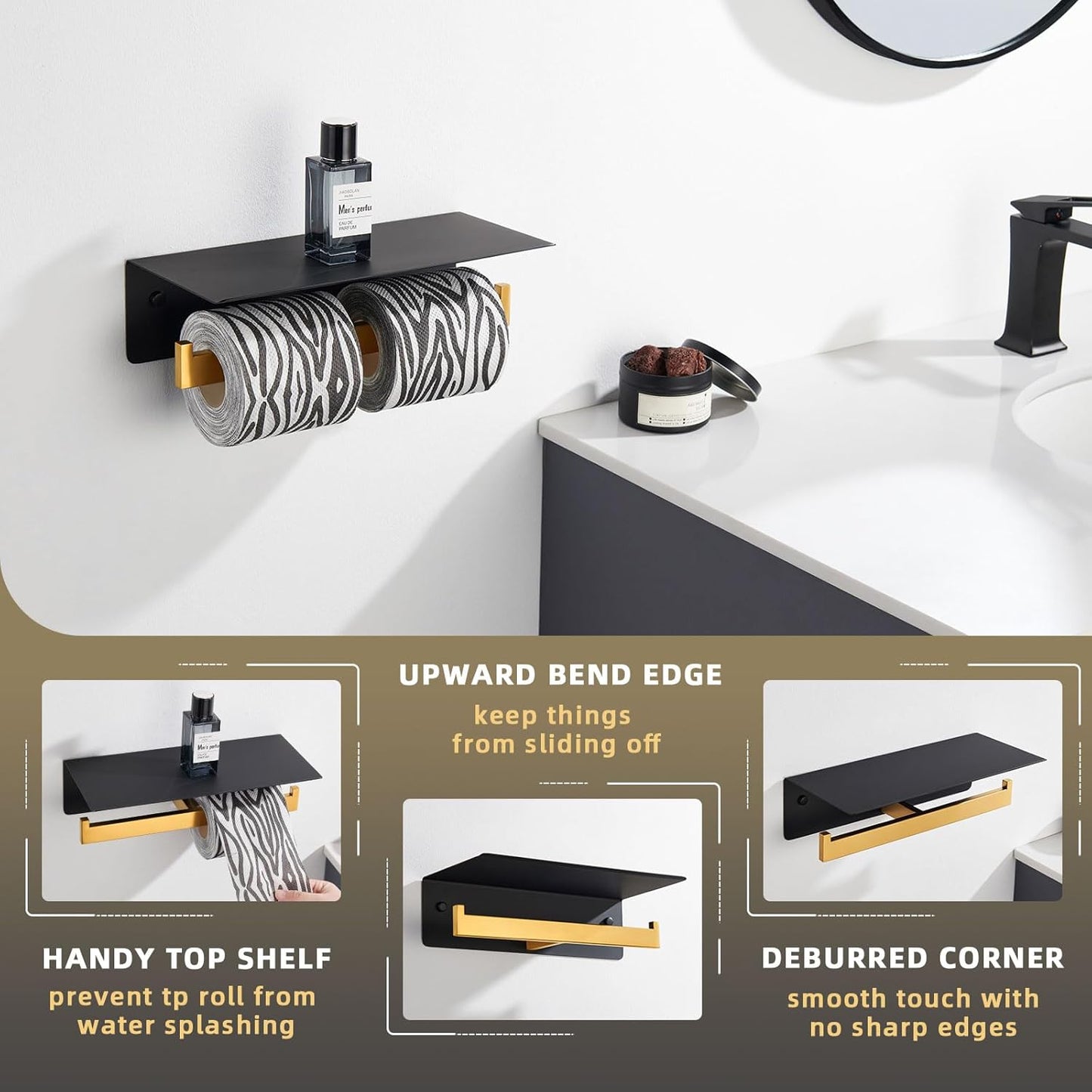 Angle Simple Double Toilet Paper Holder with Shelf, 304 Stainless Steel Bathroom Toilet Tissue Roll Holder for Wall Black and Gold