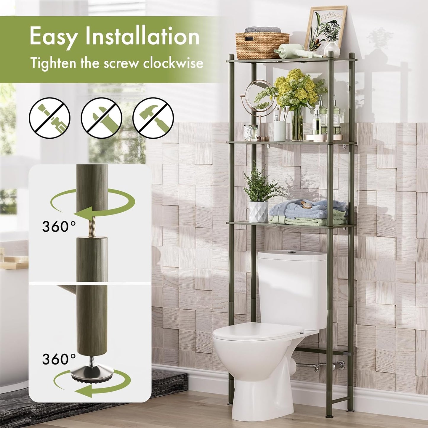 AmazerBath Bamboo Over The Toilet Storage Shelf, 3-Tier Over Toilet Bathroom Organizer Rack, Bathroom Shelves Over Toilet Space Saver, Forest Green