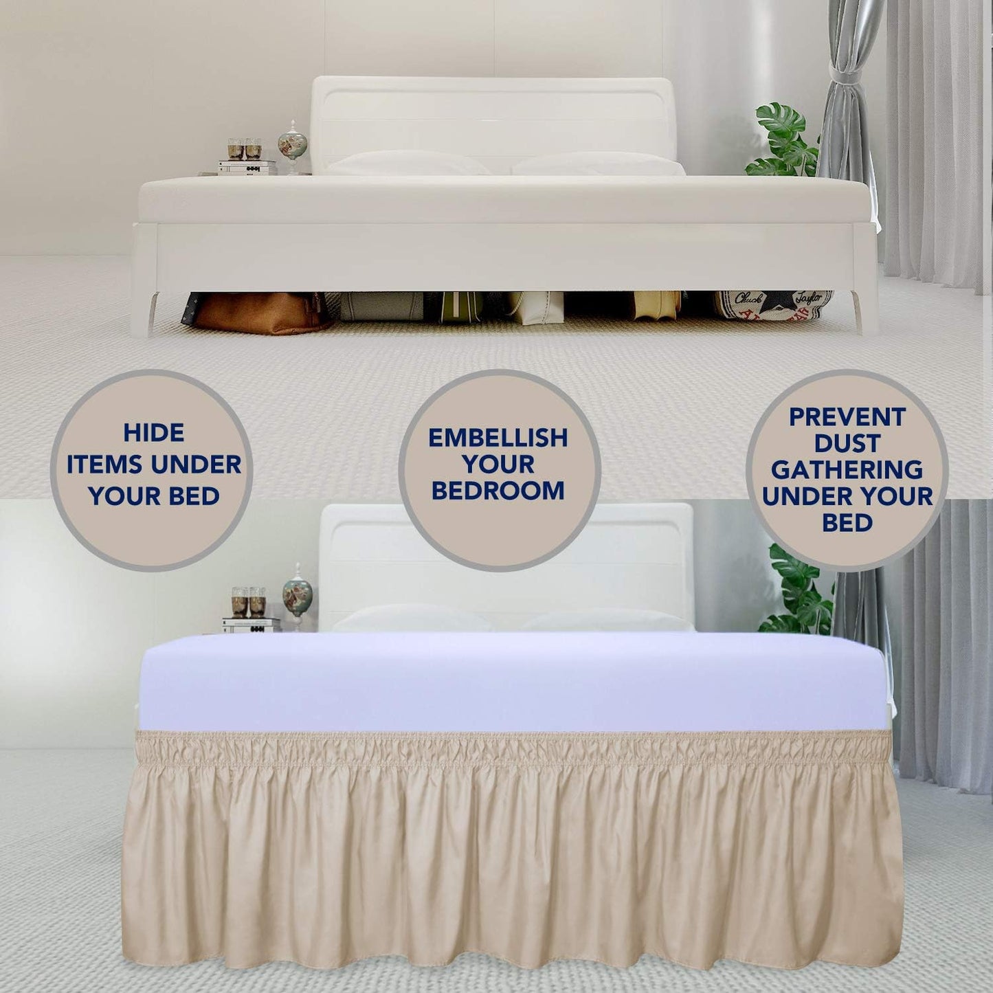 PureFit Wrap Around Ruffled Bed Skirt with Adjustable Elastic Belt - 22 Inch Drop Easy to Put On, Wrinkle Free Bedskirt Dust Ruffles, Bed Frame Cover for Twin, Twin XL and Full Size Beds, Beige