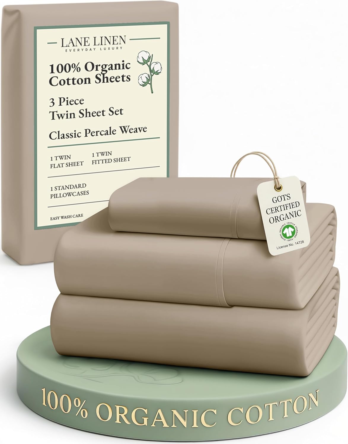 LANE LINEN 100% Organic Cotton Sheets Set Pure Long- Staple Percale Weave - Bedding for Bed Fits Mattress Upto 15in Deep Pocket (Twin Taupe)