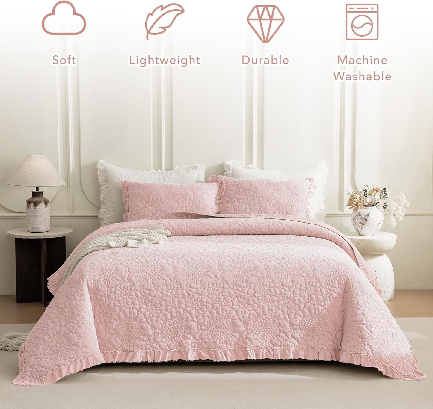 QSH 3PCs Blush Oversized King Quilt Bedspread Set(120"x120"),Stonewashed Cotton Ruffle Quilt California King,Ultra Soft Lightweight Crinkled Shabby Bedspread Coverlet Bedding Set for All Seasons
