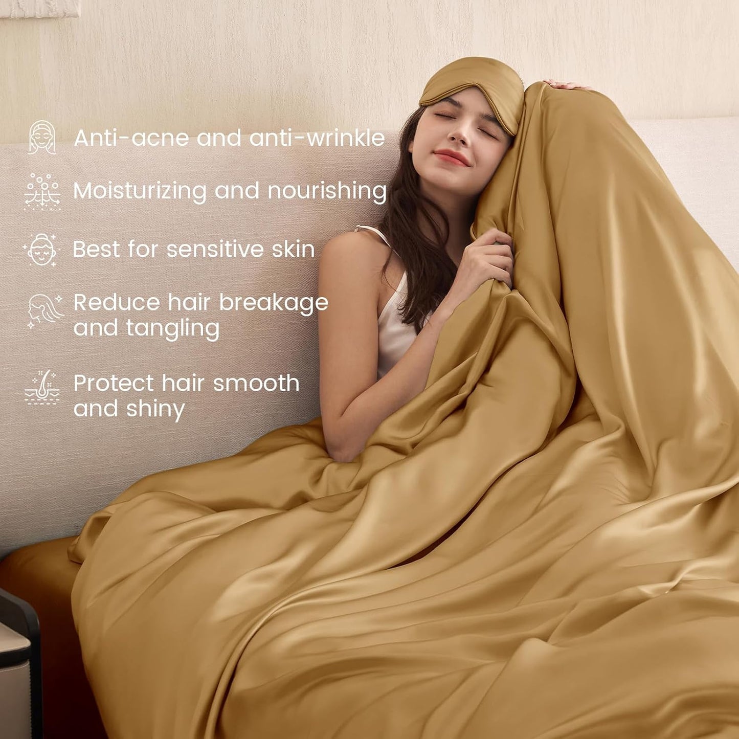 THXSILK 100% Pure Mulberry Silk Duvet Cover Set 3 Piece, 6A+ Grade Luxury Soft Bedding Silk Sheets for Hair and Skin, 1 Pcs Quilt/Comforter Cover with 2 Zippered Pillowcases (Metallic Gold, Full)