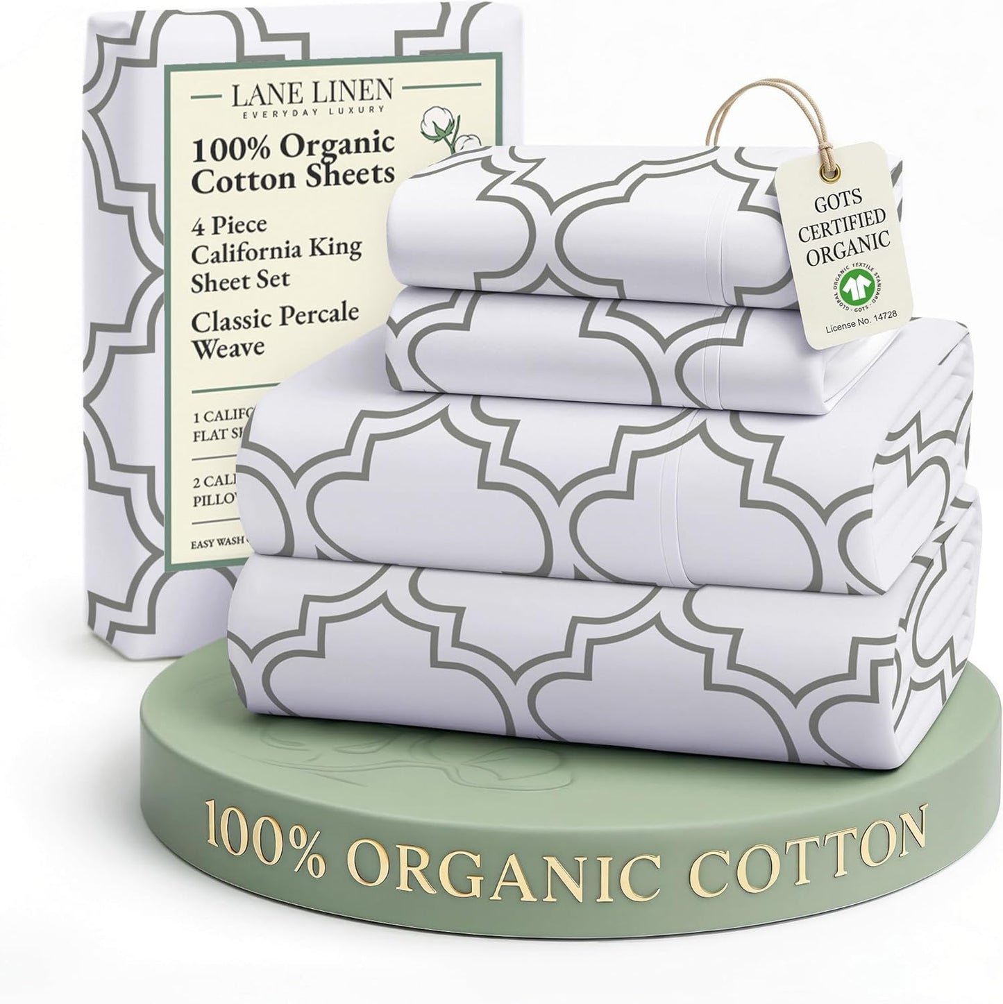 LANE LINEN 100% Organic Cotton Printed California King Sheets Set, 4-Piece Soft & Comfy Sustainably Produced Oeko-Tex Certified All Season Naturally Cooling Cal King Sheets - Trellis Silver