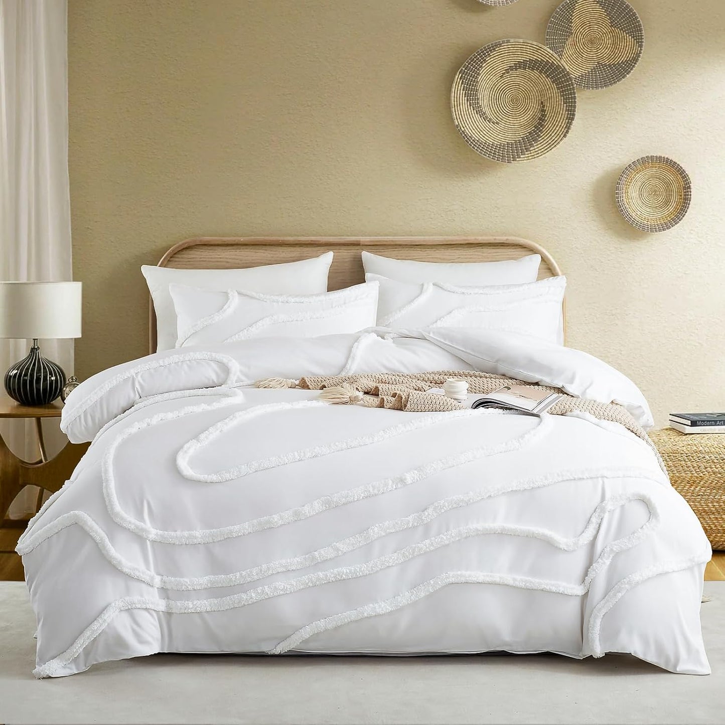 Cupocupa King Size Comforter Set;Beige Comforter Boho Tufted Lightweight Bedding Sets 3PCS Comforter Soft Jacquard Comforter with 2 Pillow Cases for All Season