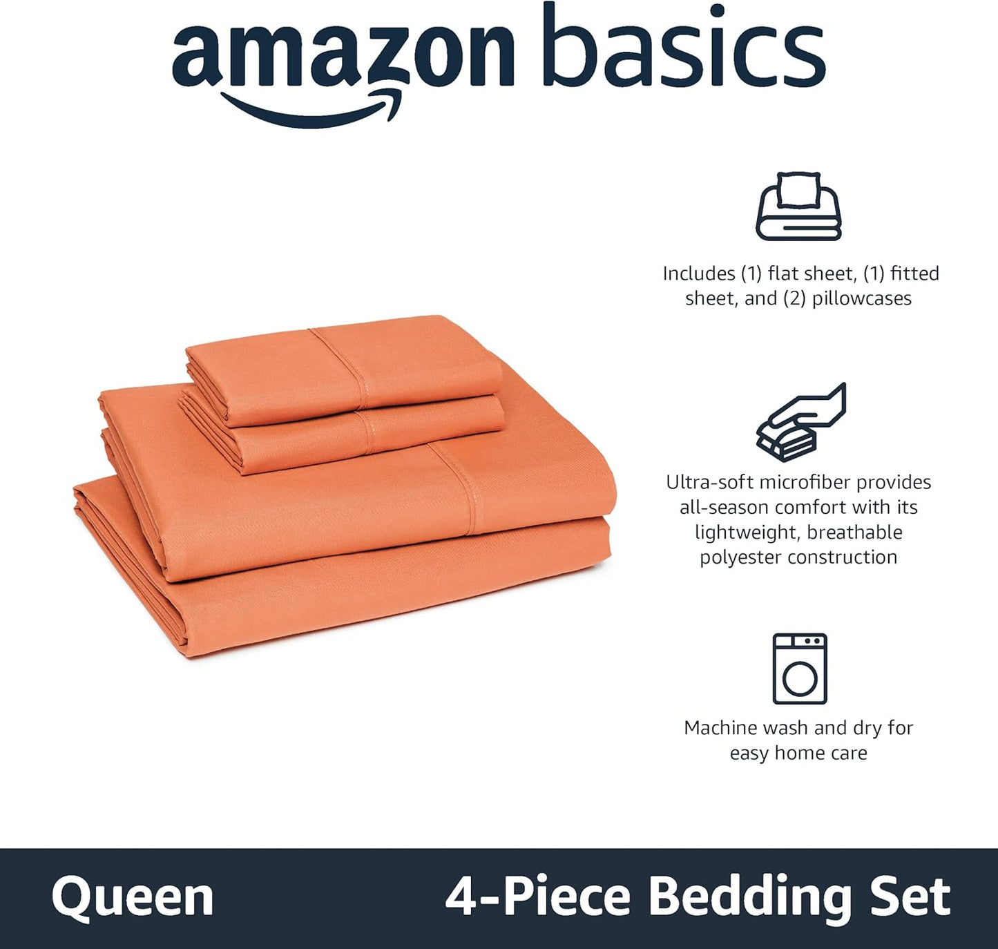 Amazon Basics Lightweight Microfiber 4-Piece Bed Sheet Set, Brick, Solid, Queen