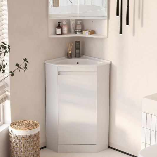 24"Corner Bathroom Vanity Sink Combo for Small Space,Freestanding Storage Cabinet with Sink,Soft-Close Function,Modern Wall Mount Sink Vanity (No Faucet)