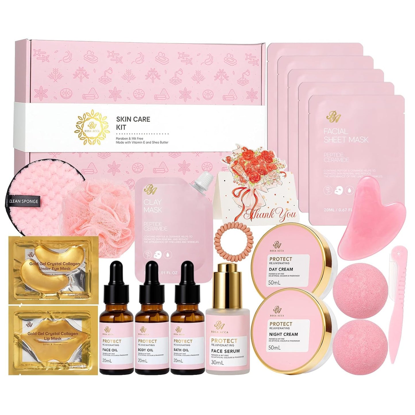 Rose 23 Pcs Facial Skin Care Set, Luxury Bath and Body Gifts for Women, Spa & Self-Care Gifts, Sheet Mask, Eye Mask, Gua Sha, Cream, Face Oil, Birthday, Christmas, Valentines, Mother Day, Girlfriend
