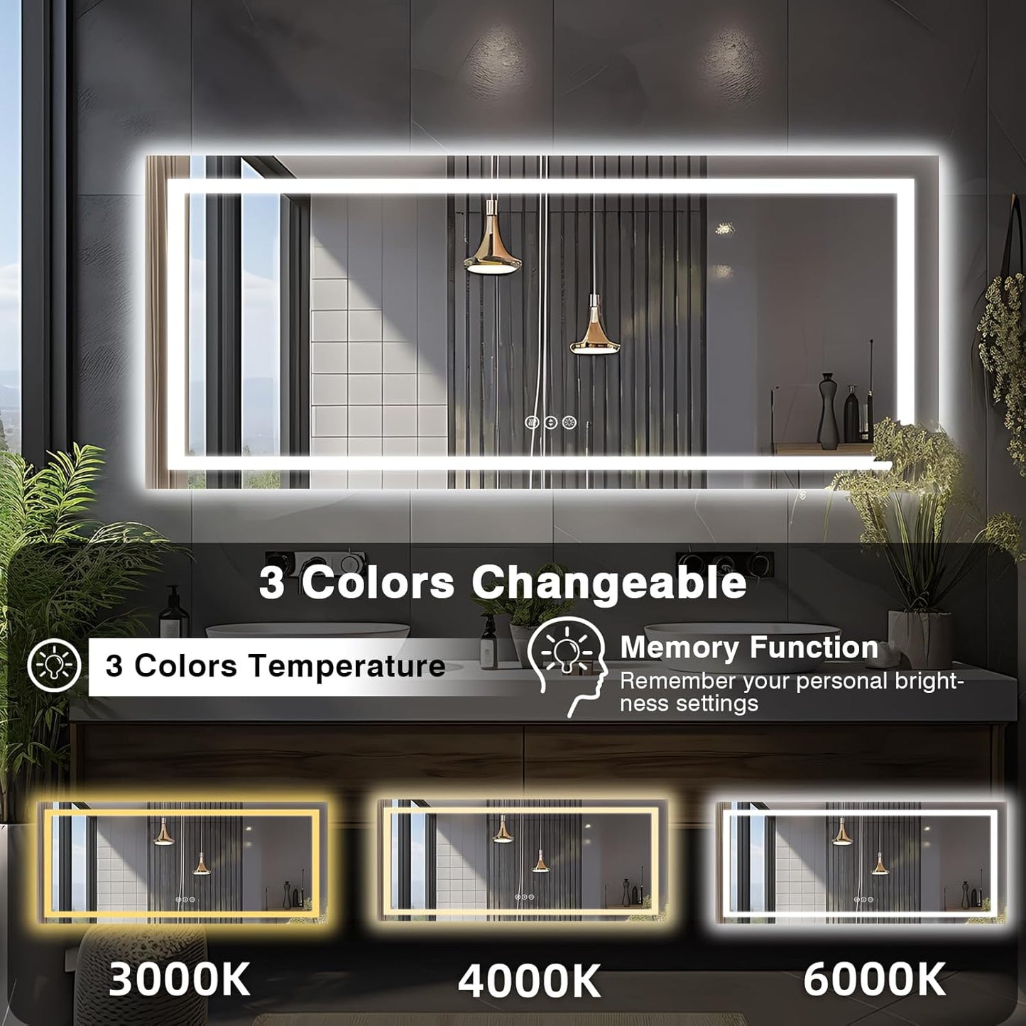 96"x36" Large LED Bathroom Mirror with Lights (Front and Backlit), Anti-Fog Lighted Mirror for Wall, Stepless Dimmable Lighted Mirror, 3 Colors Smart Mirror (Horizontal/Vertical)